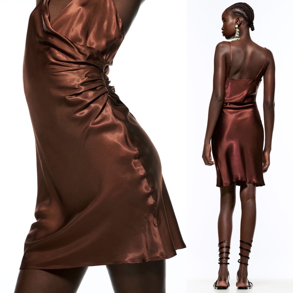 Zara SATIN MINI V-NECK DRESS WITH SIDE RUCHING BROWN SIZE XL NEW